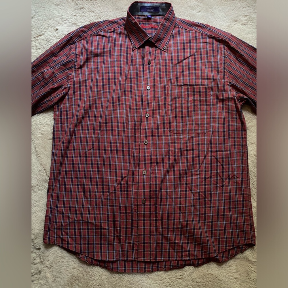 Alan Flusser Button Down Long Sleeve Flip Cuff Shirt 100% Cotton Plaid Size L